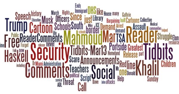 Tidbits – Mar.13 – Reader Comments: Mahmoud Khalil Arrest Greatest Threat to Free Speech Since Red Scare; Assault on Social Security; DHS Ends TSA Officers’ Contract; Teachers and Schools; Call Script: Demand the Release of Mahmoud Khalil; More…