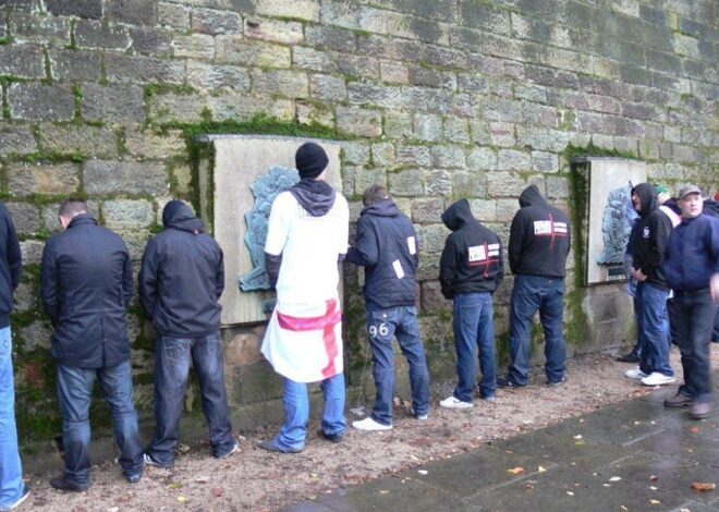 Patriots celebrate “taking are cuntry back” by crayoning red crosses on walls and pissing in public