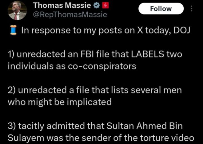 Thomas Massie is forcing the DOJ to unredact names of Epstein co-conspirators