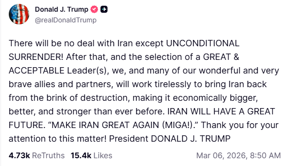 Trump Says He Will Only Accept Iran’s Unconditional Surrender