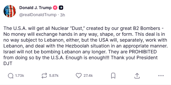 ‘Enough Is Enough’: Trump Tells Israel to Halt Attacks on Lebanon