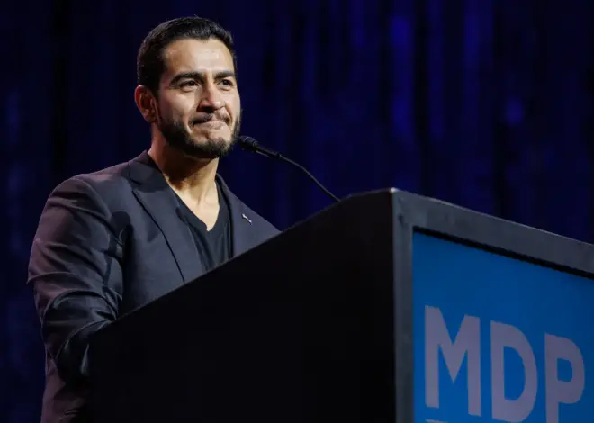 Abdul El-Sayed and Rep. Haley Stevens on the debate stage
